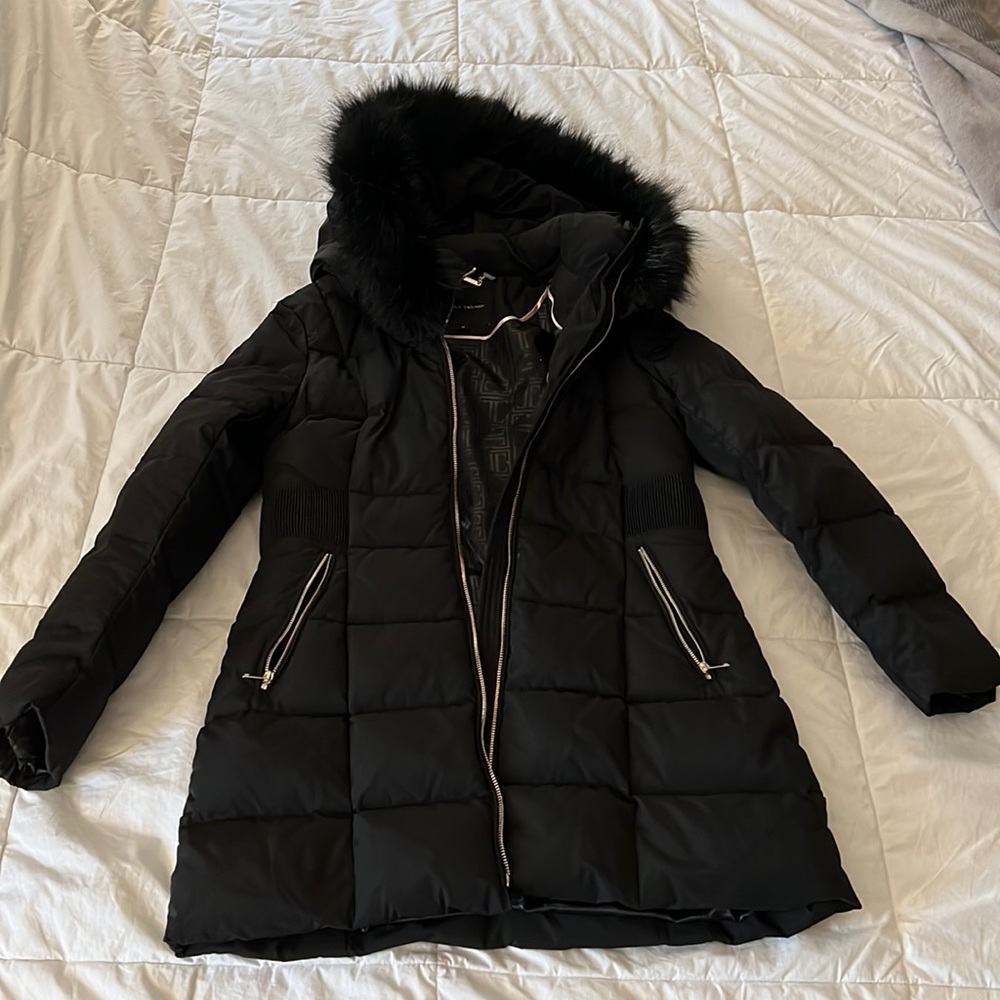 Black Puffer Coat with Faux Fur Trim